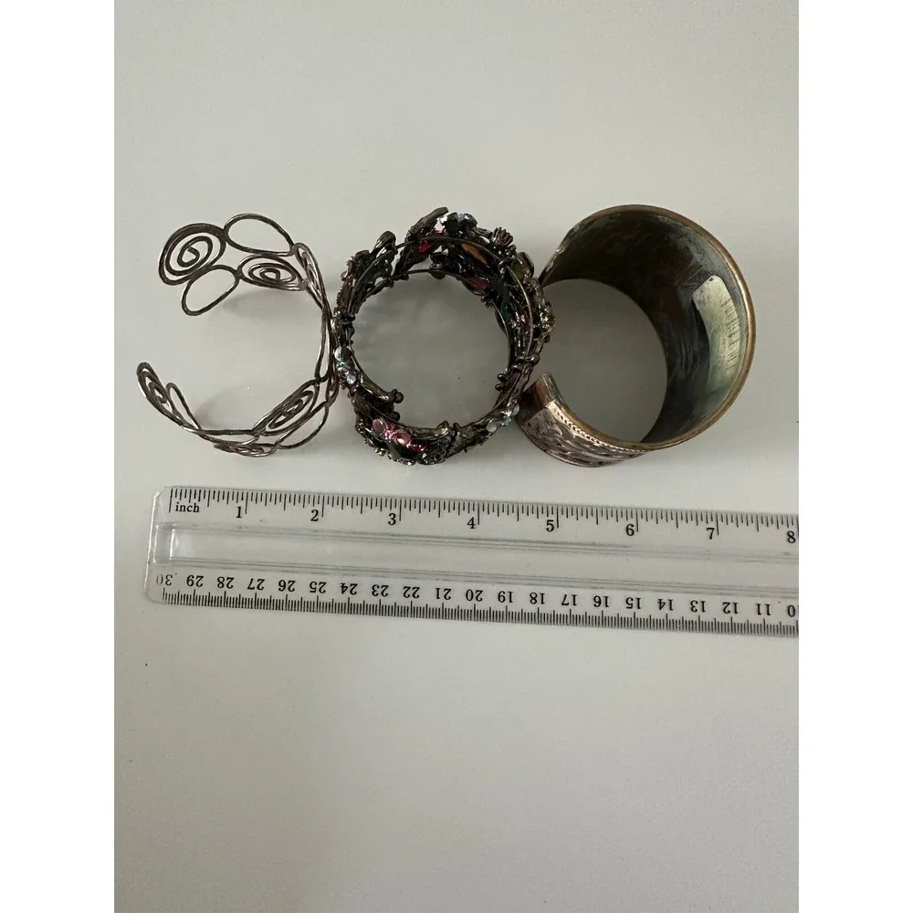 Wide Cuff Bracelet Lot Crystals Flower Swirls Rustic Hippie Set of 3 Statement